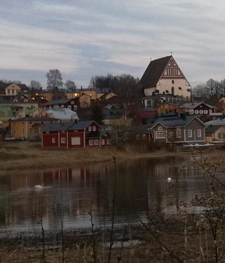 Joutsenpariskunta ui keskellä piskuista Maarinlahtea Vanha Porvoo taustallaan.