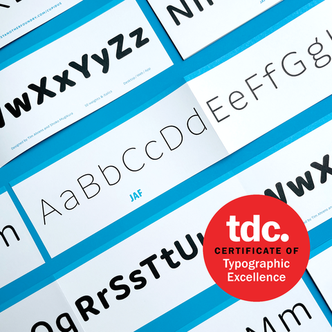 Showing of the typeface JAF Cupidus with a TDC Certificate of Typographic Excellence badge