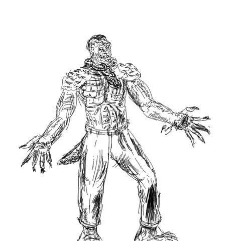 Killer Croc, a heavily muscled man whose body is developing reptilian characteristics. He wears an iron collar and a chain.