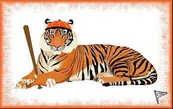 Our tiger mascot is playing baseball and wearing an orange baseball cap.