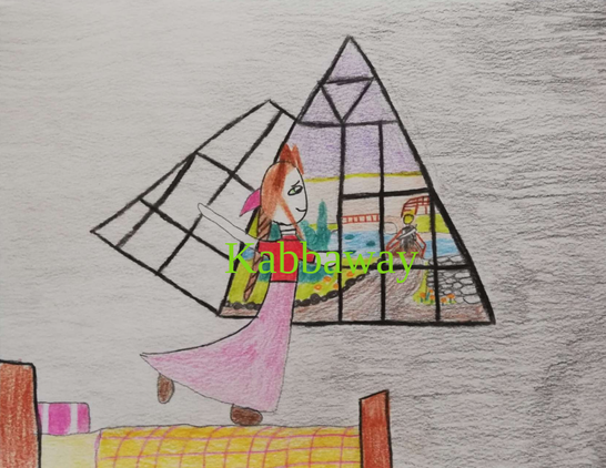 Aerith Gainsborough stands on top of her bed. She holds open the left side of the large triangular window beside it, and her dress flows in the night breeze. She watches Cloud Strife with a wistful smile as he walks past the garden patch and onto a wooden bridge, towards the makeshift walkway leading away from the Gainsborough home. She lifts her back leg to climb through the window and follow him.