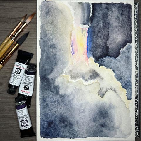 A watercolor painting in progress of the Starship test launch, showing the exhaust clouds billowing around the engines and multi-colored flames of the Super Heavy booster. To the side, brushes and three tubes of Daniel Smith watercolor paint are seen: Jane’s Grey, Lunar Violet, and Sodalite Genuine.