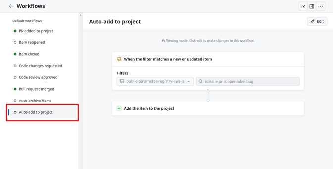 A screenshot from the GitHub projects settings, the "Auto-add to project" workflow setting is highlighted.