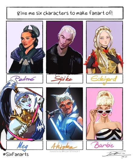 A 6 panel grid with six different characters in each panel, drawn by me. Characters are: Padme Amidala, from Star Wars, Spike from Buffy the vampire slayer, Edelgard from Fire Emblem, Meg from Hades, Ahsoka Tano from Star Wars, And Barbie as portrayed by Margot Robbie in the upcoming movie.