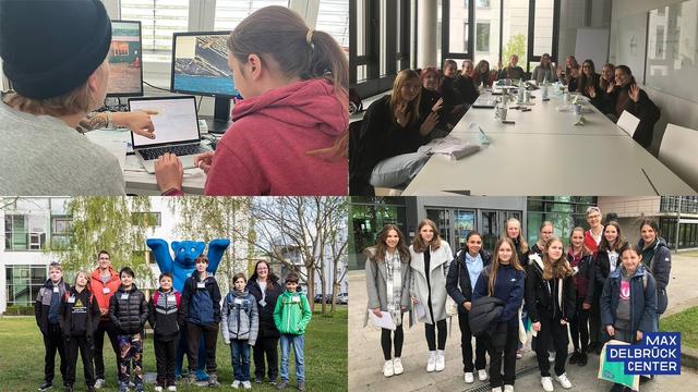 Collage aus vier Bildern, auf denen Kinder und Jugendliche beim Girls´ Day und Boys´ Day am Max Delbrück Center zu sehen sind.