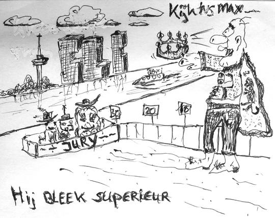 Black and white drawing depicting a king like person throwing a crown towards a jury. He says: Kijk `ns Max (Check it out Max…)  Behind them misarranged building of Rotterdam. Caption: Hij bleek superieur (He appeared to be superior)