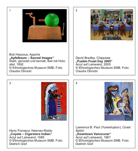 Examples of indigenous artists and their art in a press flyer for an exhibition in Berlin 2012.