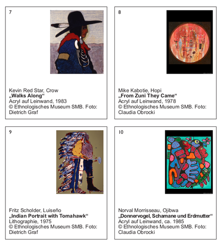 Examples of indigenous artists and their art in a press flyer for an exhibition in Berlin 2012.