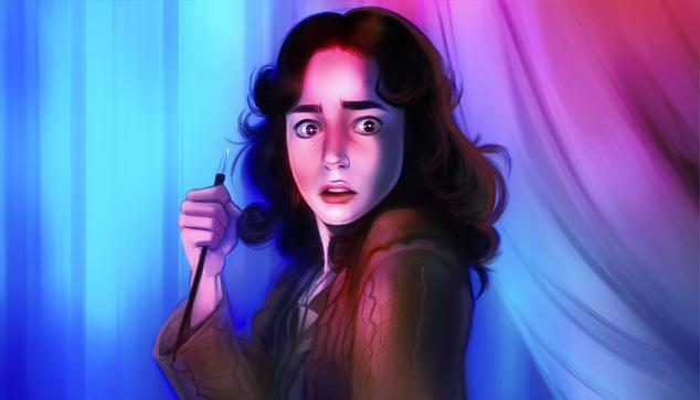 Artwork of the character Suzy Bannion from the film Suspiria. She is holding a pointed object and looking off camera, terrified. Vibrant blue and red hues.
