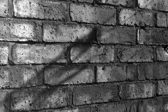 A 35mm black and white film photograph of a shadow across a brick wall showing texture