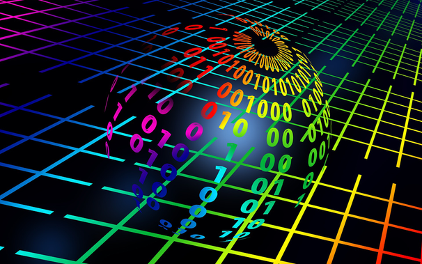 rainbow-colored sphere made of binary code with a rainbow-colored grid background