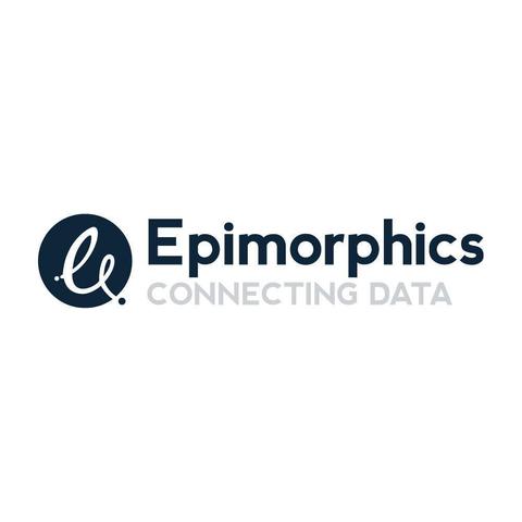 Epimorphics Swish Logo in dark blue with the text: Epimorphics in dark blue and connecting data underneath in grey all on a white background