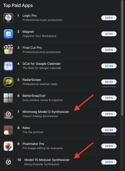 Screenshot of the macOS App Store top 10 paid apps today