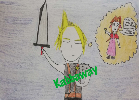 Cloud Strife stands in the dark with his eyes closed and the Buster Sword raised with his right arm. He holds a yellow lily to his chest with his left hand. A thought bubble next to his head indicates a flashback, showing Aerith Gainsborough holding out the flower with a delighted expression. Her speech bubble reads: "Lovers used to give these when they were reunited".