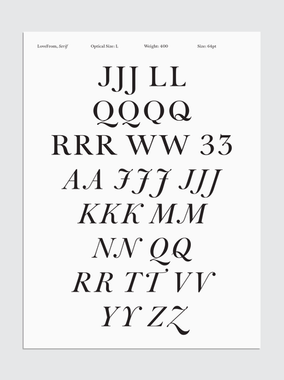 Sample of alternate glyphs in the LoveFrom, Serif typeface, Optical Size: L, Weight: 400.
