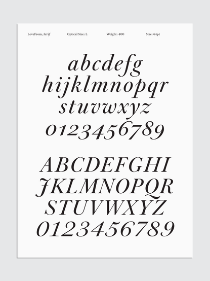 Sample of the italic lower- and uppercase from LoveFrom, Serif typeface, Optical Size: L, Weight: 400.