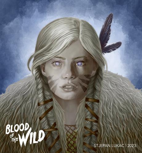 A young woman with pale hair and skin. She is clad in ice bear fur and has tucked a few black feathers behind her ear. Her hair hangs in long braids in front of her and is held together by leather bands.