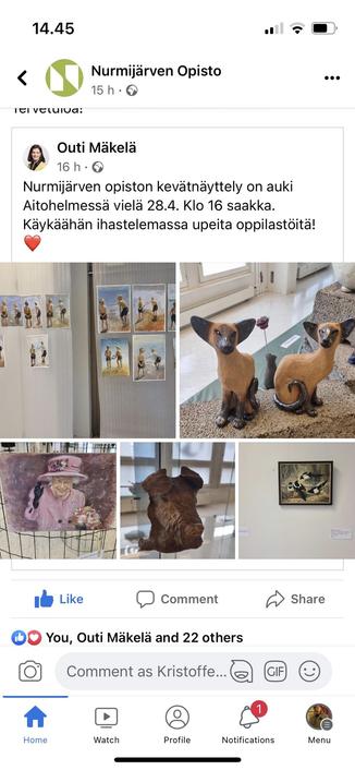 The mayor posting in Finnish about a local arts exhibition, featuring, amongst other things, Siamese Cats in clay