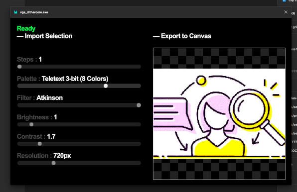 The plugin in action, with some options on the left and a preview of one of my icons, dithered on the right