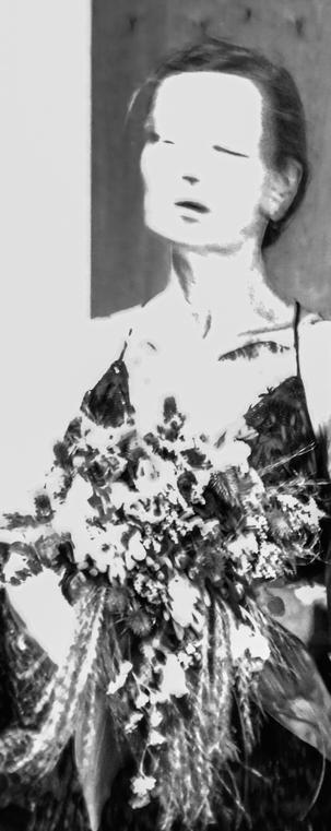 black and white portrait photography in vertical format.  a woman in a low-cut dark dress, only the head and upper body are visible, holds a bridal bouquet in front of her.  due to overexposure and movement during the exposure, the silhouette is only shadowy, but still rich in contrast.  the facial features are hardly imaginable, the eyes and the mouth only seem to be narrow slits.