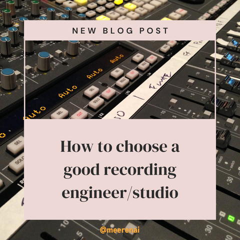 Background: large SSL studio mixing board with labels for "flute" "fx" "piano". Text: "New Blog Post. How to choose a good recording engineer/studio."