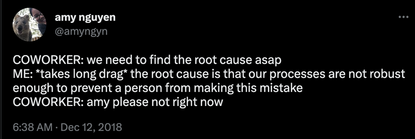 A tweet by amy nguyen, reading

COWORKER: We need to find the root cause ASAP.
ME: *takes a long drag* the root cause is that our processes are not robust enough to prevent a person from making this mistake.
COWORKER: amy please not right now.
