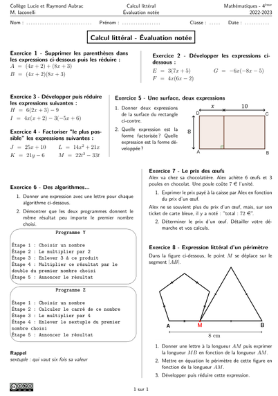 Évaluation portant sur du calcul littéral.
Il y a 8 exercices.
Deux comportes des figures géométriques et un comporte des programmes de calculs.