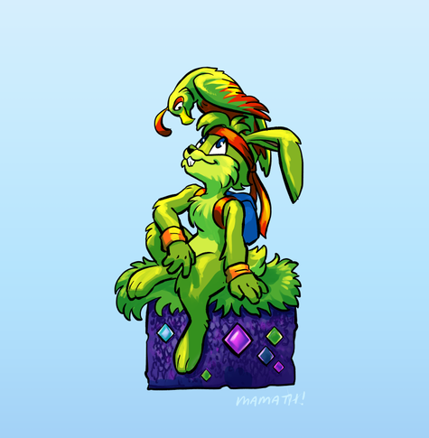 Jazz Jackrabbit sitting on a piece of Diamondus terrain, looking up at the bird sitting on his head