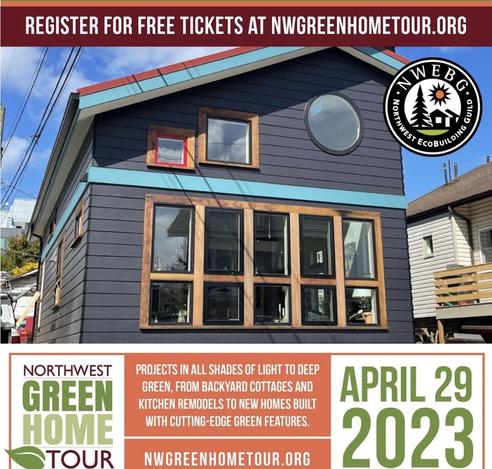 Flier for Green Home Tour with Photograph of two-story gray wooden home with big circular window above row of tall woo-framed rectangular windows