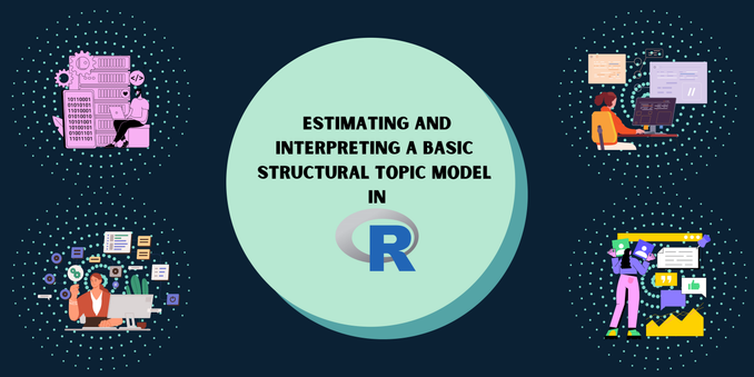 A banner with a dark greenish-blue background, a large seafoam green circle with a shadow along its bottom right curve and four circular dot bursts, also seafoam green, one in each corner of the banner. In the middle of the center circle is the title, "estimating and interpreting a basic structural topic model in R" with the R computing logo. There are graphics in the center of each of the dot bursts: top left- a magenta and black graphic of a bearded figure sitting in front of a bookshelf and matrix output, with the coding symbol floating above their head and a laptop in their lap; bottom left- a graphic of an orangeish tan white person with long red hair held back in a low ponytail sitting in front of a desktop computer, the contents of the computer screen float above the person, they point to one piece of output in front of their face; top right- a graphic of a tan white person with brown hair in a mid ponytail sitting in front of a desktop computer and facing away so the screen is visible with code on it, two blocks of code float behind/above the monitor; bottom right- a graphic of a brown person with long black hair looking at floating images representing social media data, holding two squares with people icons indicating user profile information.