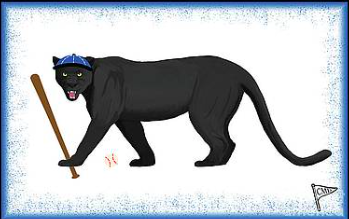 Our panther mascot is playing baseball, with. ablue background.
