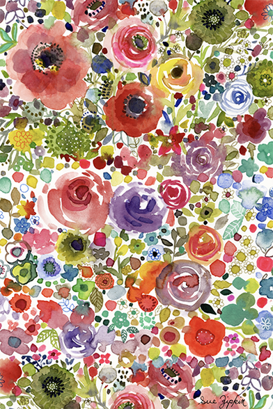 This is rectangle format. It has a lot of went to go flowers. It's a pattern with details and line work, many different shapes and tiny little patterns, featuring watercolor. It was red, turquoise, purple, and so many more  colors.