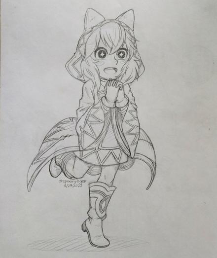 Pencil sketch of a young Raphtalia wearing a radiant wide-eyed facial expression, a detailed White Mage robe from the Final Fantasy series, running forward with hands clasped together at chest level.