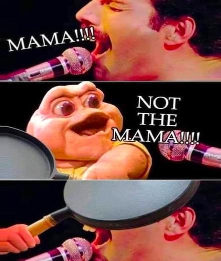 A meme image panes: showing Freddy Mercury of Queen singing “Mama!” A second part of the image shows the baby dinosaur of the old “Dinosaurs” TV series yelling “Not the mama!” and hitting Freddy with a cooking pan