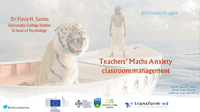 workshop slide cover, it has a young adult male in a boat with a tiger in the middle of the ocean (image from the movie "Life of Pi" directed by Ang Lee, inspired in the book by Yann Martel). The slide includes the title of the talk, speaker and affiliation and several logos related to the event and the research.