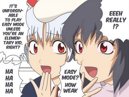 The classic Touhou easy mode meme taken from the IOSYS video of Overdrive.
Tewi: Eeeh really!? Easy mode? How weak
Reisen: It's unforgivable to play easy mode unless you're an elementary kid, right?
Both: HA HA HA HA