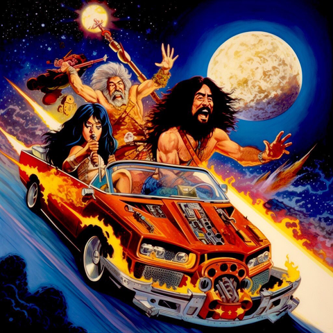 Two men with long hair and beards, and a woman with long hair are blasting through space at the edge of adhesion in a cosmic hot rod bursting into flames.