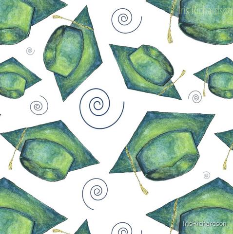 A pattern of green blue graduating caps on a white background with fun twirls to celebrate our graduates. I created this artwork during 2020 since so many grads did not have a traditional graduation. I finished my own MFA during that time. Here to all the people who have reached their goals. Artist Iris Richardson, Gallery Red Bubble https://www.redbubble.com/i/canvas-print/Green-Blue-Cap-on-White-by-IrisRichardson/50591050.UZX4H
