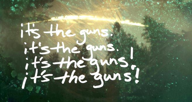 Greenish solargraph with dark silhouetted trees in the background with white written words "it's the guns. it's the guns. it's the guns! it's the guns!" 
Sun trail burned at the top of frame and green specks all around.