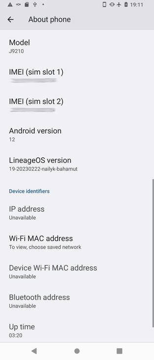 Capture d'écran montrant le modèle de l'appareil: J9210 (Sony Xperia 5 v1 dual SIM) avec une version de ROM 19.1-20230222-nailyk-bahamut