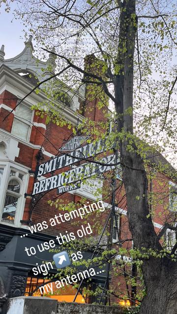 A really impressive black and white metal sign from the 1930’s for the Smithfield Refrigerator Works in London. The huge sign sits above an alley and is semi-attached to an Victorian pub built in 1890. Tinysound was trying to use this sign as an antenna extension for her radio receiver. The sign also has a huge tree shading it.