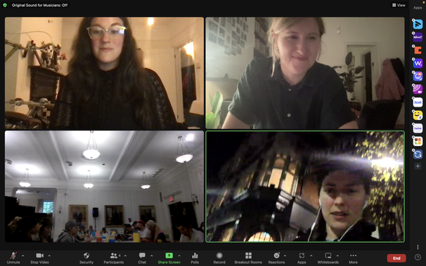 Georgia, Hannah, Brigitte and the Open Hardware summit folk are sharing a 4-way Zoom call. Georgia and Hannah are at home, Brigitte is out in her neighbourhood and the workshop participants are sat in a white room with lots of desk space to make their radios.