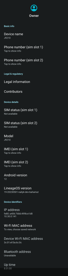 Capture d'écran du J9210 (Xperia 5 dual sim) montrant une version de lineageos 19.1 et un uptime de 8h