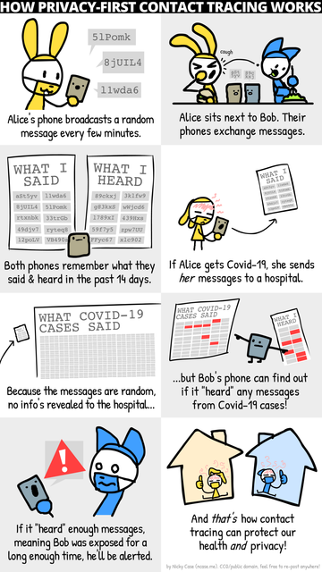 Englischsprachiger Comic, der das Prinzip von DP-3T erklärt.
Quelle und weitere Sprachen: https://github.com/DP-3T/documents/tree/master/public_engagement/cartoon