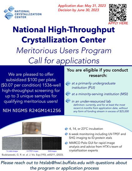 Flyer describing the Meritorious Users Program at the National Crystallization Center www.getacrystal.org
