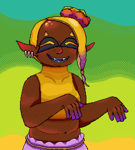 A pixel art illustration of the character Frye from Splatoon 3, with her hands limply doing a "raptor" pose, over a simple abstract background of hills in a light gradient of yellows, greens and light blues.
She has a chubby build and slight amounts of hair on her arms, with blotches of light dithered loosely at the edges over her arms and belly to give a playful round texture to how light hits them. Her crop top is colored with many different strong shades of yellow and orange which are matched by her hair, which ends in a wavy gradient down to strong purple tones with almost bubble-like highlights and a light underside in the typical squid tentacle-like splatoon fashion. On her head rests her very geometrically sharp colourful flower crown, with purples, yellows, reds and even greens shining next to each other to add to the whole.
Her eyes are closed in a warm toothy smile, three little fangs peeking out, the edges of her wide smile reaching her rosy cheeks with dithered orange highlights similar to the strong tips of her elf-like ears, the front of her large angular nose, and the strong shine of her round exposed forehead.
It's a billion dollar smile, IMO.