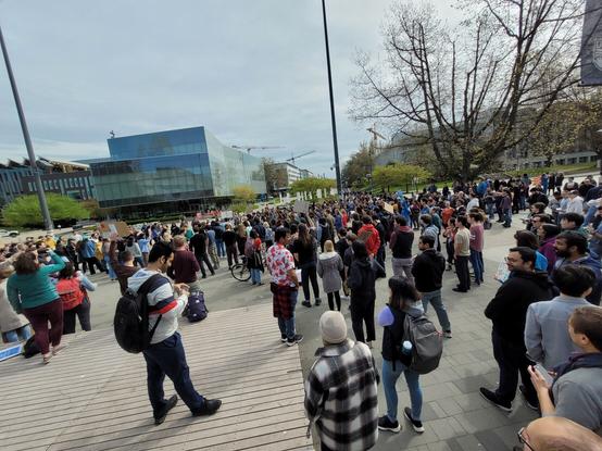 Crowd gathering for rally to support grad student and post-doc funding