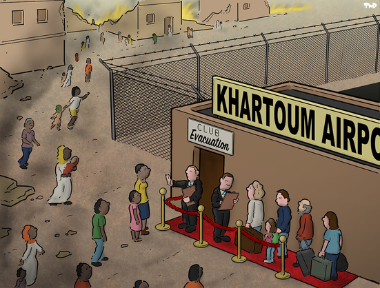We are witnessing from our drone the locals in distress with their kids running in all directions and many coming to seek entry at the 
[CLUB Evacuation] entry door at the 
KHARTOUM AIRPO...
the queue being allowing entry are all white middle class. All the dark skin locals seeking entry are being given a 'go away' palm of 'hand by security.