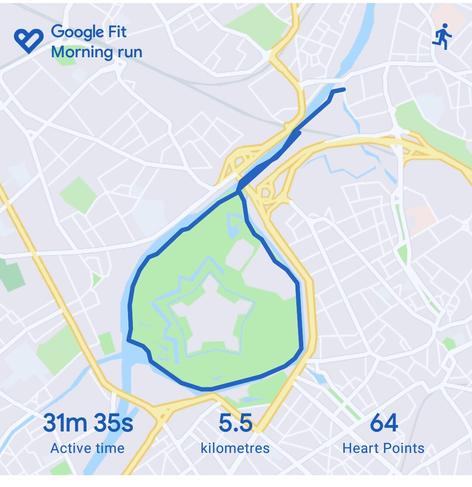 Map of the run & stats: 5,5 km in 32 min
