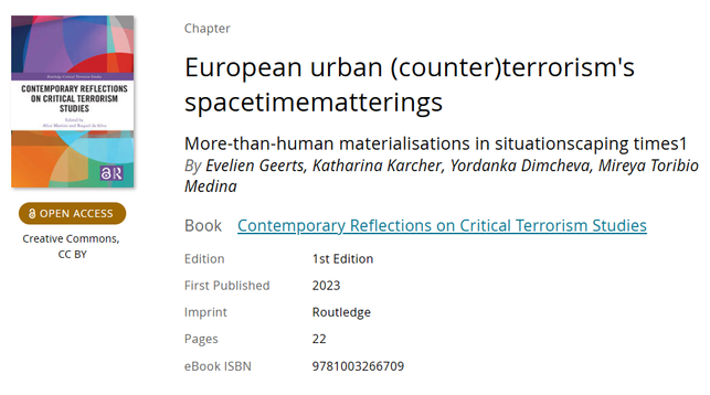 Picture of the Contemporary Reflections on CTS book cover by Routledge, with the title of our recently published piece, "European urban (counter)terrorism's spacetimematterings. More-than-human materializations in situationscaping times".
